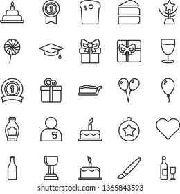 thin line vector icon set - tassel vector, colored air balloons, balloon, cake, birthday, heart, gift, Easter, piece of, slice, lollipop, glass, bottle, giftbox, gold cup, star, man with medal, wine