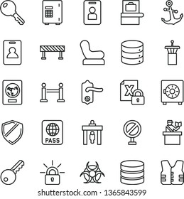 thin line vector icon set - prohibition vector, Baby chair, door knob, road fence, key, anchor, passport, big data, strongbox, encrypting, biohazard, airport tower, rope barrier, identity card, safe