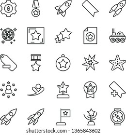 thin line vector icon set - add bookmark vector, remove label, rocket, lunar rover, bang, star cup, reward, medal, flag, hero, certificate, dollar gear, stars around man, three, flying, disco ball