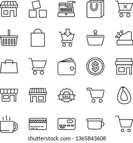thin line vector icon set - paper bag vector, grocery basket, bank card, children's potty, cubes for children, cart, put in, crossed, with handles, kiosk, stick of sausage, cup tea, stall, shopping