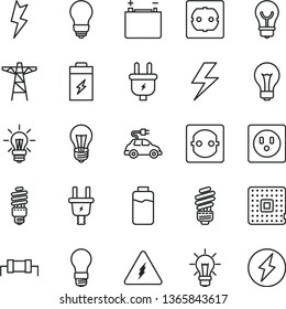thin line vector icon set - lightning vector, matte light bulb, saving, power socket type f, charge level, charging battery, accumulator, pole, plug, electric, energy, car, processor, electricity