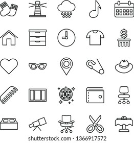 thin line vector icon set - scissors vector, purse, hat, storage unit, open pin, comb, cloud, warm socks, window frame, building block, home, wall clock, heart, T shirt, lighthouse, location, note