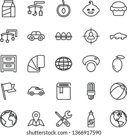 thin line vector icon set - sign of the planet vector, book, toys over cradle, cot, baby bath ball, motor vehicle, funny hairdo, small tools, sample colour, map, flag, nightstand, package, cake