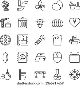 thin line vector icon set - toy sand set vector, a chair for feeding, tower crane, big core, laying out, hedge, faucet mixer, road fence, dust bin, broken heart, address book, eggs, Easter cake, aim
