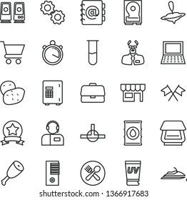 thin line vector icon set - small yule vector, address book, cart, operator, kiosk, chicken thigh, potato, oil, briefcase, notebook pc, tower, hdd, scanner, speaker, connect, test tube, gears, cafe