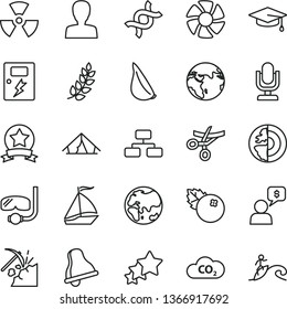 thin line vector icon set - bell vector, desktop microphone, woman, dangers, flowchart, garlic, blueberries, coal mining, planet, CO2, fan, nuclear, dna, earth core, laurel branch, graduate, tent