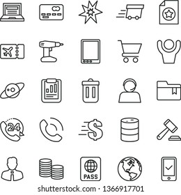 thin line vector icon set - laptop vector, hammer of a judge, dollar, folder bookmark, drill, employee, passport, cart, 24, phone call, barrel, front the bank card, coins, statistical report, saturn