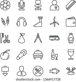 thin line vector icon set - desktop microphone vector, safety pin, accessories for a hairstyle, comb, employee, car, fried vegetables on sticks, fish, glass, pear, bottle, ripe peach, windmill, fan