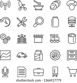 thin line vector icon set - desktop microphone vector, line chart, summer stroller, plates and spoons, baby toy train, small tools, star gear, electronic boiler, big data server, nightstand, package