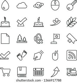 thin line vector icon set - add bookmark vector, clean sheet of paper, silent mode, rss feed, children's tracks, cake, e, key, drop, forest, shopping cart, wall calendar, mouse, cloud, saturn, train