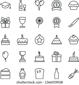 thin line vector icon set - tassel vector, colored air balloons, balloon, cake, birthday, gift, square academic hat, Easter, muffin, piece of, torte, lollipop, glass, bottle, gold cup, star medal