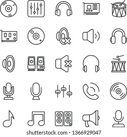 thin line vector icon set - desktop microphone vector, loudspeaker, silent mode, drumroll, drum, headphones, CD, regulator, volume, no sound, phone call, megaphone, pc card, speaker, note, settings