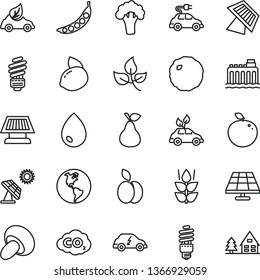 thin line vector icon set - saving light bulb vector, drop, porcini, cabbage, apple, pear, mint, yellow lemon, delicious, peas, broccoli, solar panel, big, leaves, planet Earth, hydroelectricity