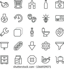 thin line vector icon set - repair key vector, mark of injury, downward direction, first aid kit, bedside table, cradle, box bricks, shoes for little children, cogwheel, toilet, package, copy, chili