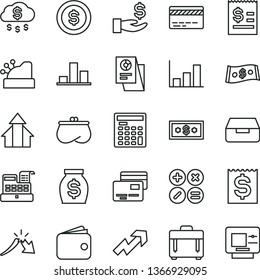 thin line vector icon set - bank card vector, growth up, case, drawer, cards, math actions, chart, a crisis, article on the dollar, financial item, get wage, wallet, purse, money, cash machine, rain