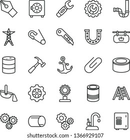 thin line vector icon set - open pin vector, ladder, siphon, gear, stationery knife, kitchen faucet, hammer with claw, anchor, strongbox, clip, canned goods, tin, barrel, power line, pipe, gears