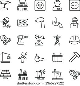 thin line vector icon set - workman vector, concrete mixer, cordless drill, power socket type b, f, construction helmet, hammer, core, sea port, solar panel, working oil derrick, wind energy, line