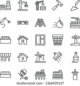 thin line vector icon set - house vector, wicker pot, tower crane, big core, building trowel, concrete mixer, window, wooden paint brush, ladder, level, brick, block, spatula, hammer with claw