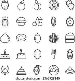 thin line vector icon set - cake vector, birthday, piece of, with a hole, glazed, popsicle, apple, cherry, half pomegranate, grape, apricot, fig, tasty raspberry, melon, mango, delicious plum, kiwi