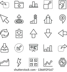 thin line vector icon set - upward direction vector, downward, left, renewal, graph, download archive data, upload folder, lightning, dangers, bottom arrow, put in a box, expand picture, size, chart