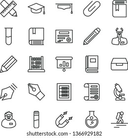 thin line vector icon set - graphite pencil vector, book, new abacus, e, writing accessories, drawer, square academic hat, clip, round flask, magnet, research article, presentation, test tube