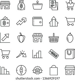 thin line vector icon set - paper bag vector, grocery basket, purse, growth up, chart, negative histogram, positive, cart, put in, with handles, tamarillo, ripe pepper, kiosk, stall, shopping, store