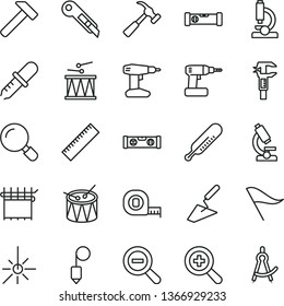 thin line vector icon set - yardstick vector, zoom, out, wind direction indicator, mercury thermometer, drumroll, drum, trowel, cordless drill, measuring tape, construction level, building, plummet