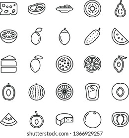 thin line vector icon set - piece of cheese vector, pizza, slices onion, cake, bacon, cucumber, orange slice, sandwich, plum, water melon, half mango, delicious, cherry, lemon, kiwi, tamarillo