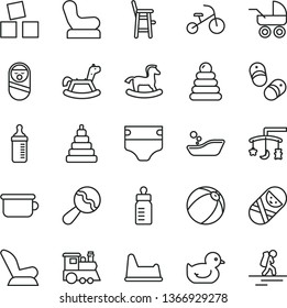 thin line vector icon set - toys over the cradle vector, feeding bottle, measuring for, diaper, beanbag, Baby chair, car child seat, carriage, duckling, bath ball, children's bathroom, toy, tumbler