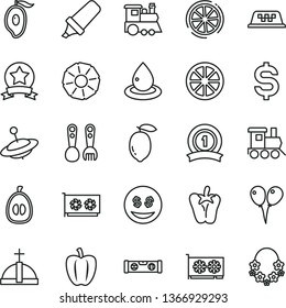 thin line vector icon set - plastic fork spoons vector, baby toy train, children's, yule, colored air balloons, building level, pepper, half of mango, loquat, lemon, juicy, slice, pineapple, drop oil