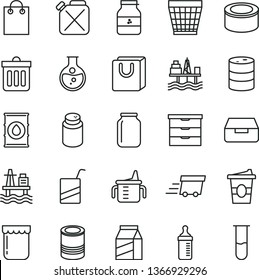 thin line vector icon set - wicker pot vector, storage unit, measuring cup for feeding, bottle, powder, e, dust bin, drawer, bag with handles, package, canned goods, tin, coffe to go, jam, jar of