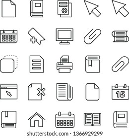 thin line vector icon set - monitor window vector, clip, add bookmark, clean sheet of paper, book, e, books, home, calendar, delete page, copy, scientific publication, wall, newspaper, printer, file