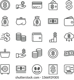 thin line vector icon set - bank card vector, purse, dollar, strongbox, coins, shopping basket, denomination of the, financial item, get a wage, catch coin, wallet, dollars, cash, money rain, bag