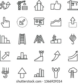 thin line vector icon set - upward direction vector, growth chart, positive histogram, crane, tower, hook, winch, stepladder, ladder, left bottom arrow, index finger, thumb up, move, bar, man, graph