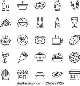 thin line vector icon set - iron fork spoons vector, coffee, fried vegetables on sticks, pizza, piece of, big burger, pie, porridge in a saucepan, lettuce plate, grill chicken leg, bacon, chop, pan