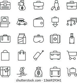 thin line vector icon set - briefcase vector, paper bag, toys over the cot, medical, portfolio, suitcase, case, package, a glass of tea, cart, wallet, purse, dollars, money hand, car baggage