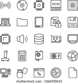 thin line vector icon set - laptop vector, big data, volume, smd, processor, calculator, computer, tablet pc, encrypting, power supply, cpu, card, monitor, usb, cd, flash, network, browser, folder