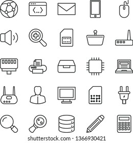 thin line vector icon set - laptop vector, monitor window, envelope, graphite pencil, zoom, magnifier, smartphone, big data, volume, drawer, electric plug, SIM card, shopping basket, woman, mouse