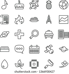 thin line vector icon set - plus vector, line chart, new roller, city block, brick, drop, car, planet, onion, torte, pineapple, leaves, Measuring compasses, research article, calendar, speech, cpu