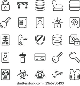 thin line vector icon set - Baby chair vector, key, door knob, road fence, lock, passport, big data, strongbox, reverse side of a bank card, encrypting, biohazard, airport tower, identity, access
