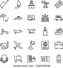 thin line vector icon set - suitcase vector, passport, sand castle, plane, car baggage, camper, rolling, ticket, case, hotel, beach, arnchair under umbrella, palm tree, hawaii wreath, diving mask