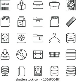 thin line vector icon set - folder bookmark vector, chest of drawers, CD, big data, server, suitcase, put in a box, drawer, strongbox, package, hanger, unpacking, barrel, jar, radiator fan, memory