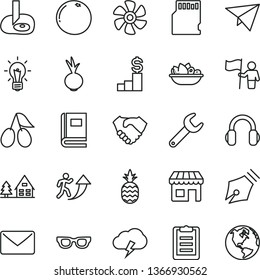 thin line vector icon set - storm cloud vector, a plate of fruit, beet, pineapple, cornels, grapefruit, marine propeller, repair key, kiosk, hand shake, headphones, sd card, mail, glasses, bulb