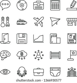 thin line vector icon set - baby cot vector, nappy, plastic fork spoons, portfolio, drawing, speech, eye, kiosk, modern gas station, motherboard, cd, floppy, brain, calculator, growth graph, train
