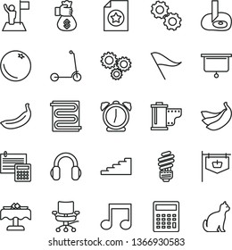 thin line vector icon set - wind direction indicator vector, camera roll, calculator, child Kick scooter, saving light bulb, calculation, heating coil, alarm clock, orange, banana, bananas, note
