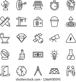 thin line vector icon set - crane vector, bucket, wooden paint brush, comfortable toilet, writing accessories, pavement, flask, telescope, electricity, bulb, brain, satellite, globe, drawing compass