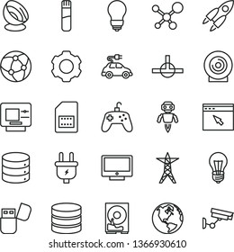 thin line vector icon set - bulb vector, screen, big data, lens, power line, plug, electric car, SIM card, hdd, usb flash, network, browser, connect, joystick, settings, test tube, molecule, robot