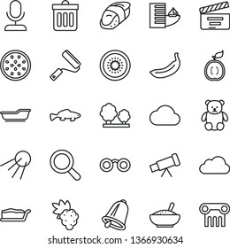 thin line vector icon set - magnifier vector, movie cracker, bath, small teddy bear, new roller, bell, dust bin, artificial satellite, cake slice, a bowl of rice porridge, sushi, fish, grape, banana