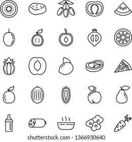 thin line vector icon set - measuring bottle for feeding vector, sausage, piece of pizza, hot porridge, bacon, meat, popcorn, peach, pear, half medlar, melon, goji berry, cherry, passion fruit, kiwi