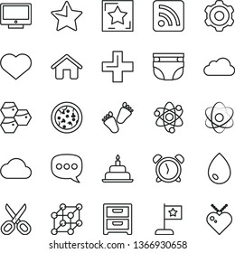 thin line vector icon set - heart symbol vector, scissors, alarm clock, plus, rss feed, nappy, children's tracks, birthday cake, house, cogwheel, star, drop, screen, nightstand, pizza, honeycombs